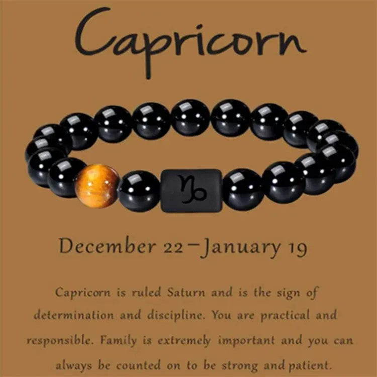 Unisex 12 Constellation Signs Black Stone Beads Elastic Bracelet