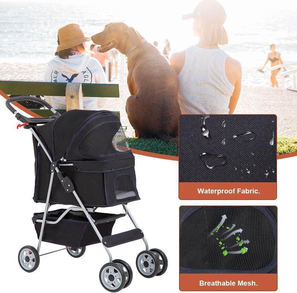 Pet Stroller Cat Dog Cage Stroller Travel Folding Carrier,Black - Simply Petastic