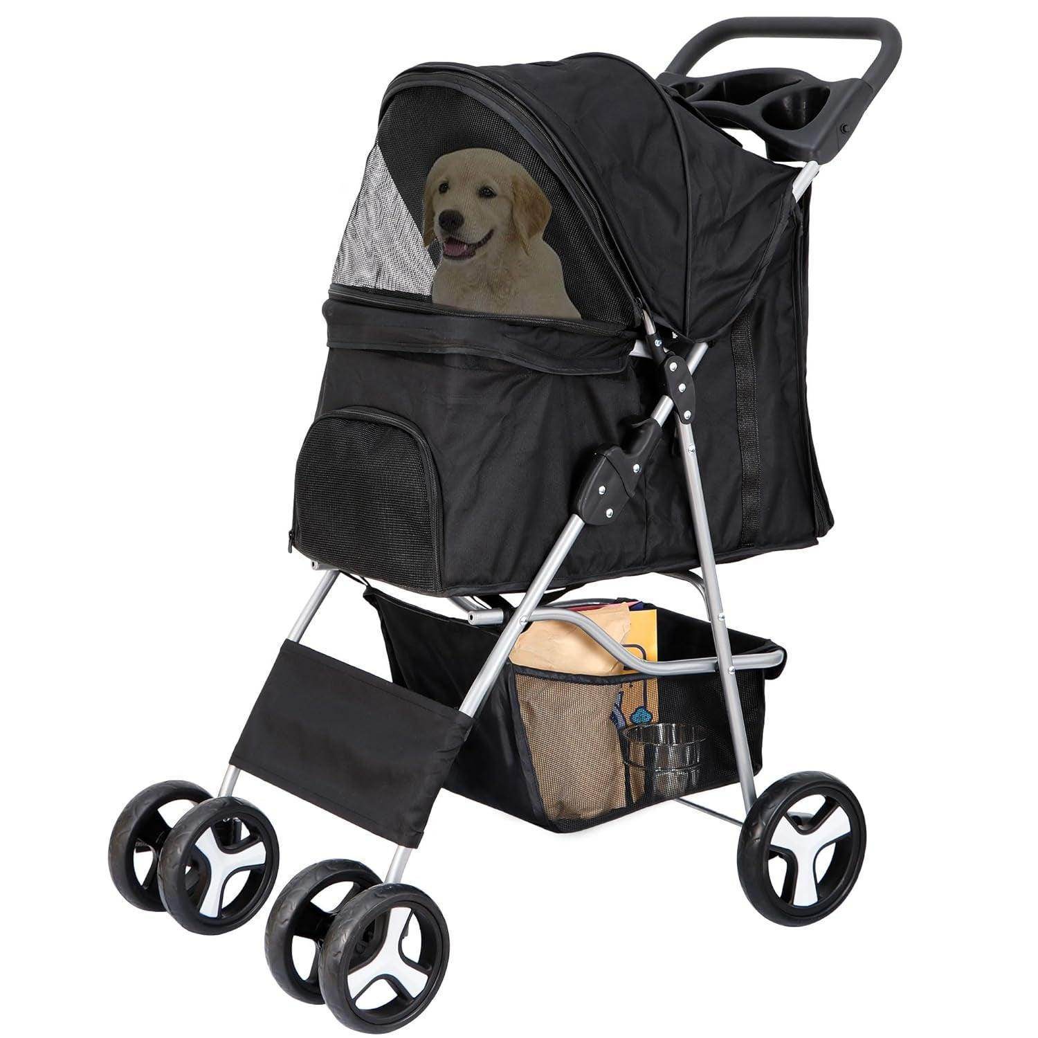 Pet Stroller 4 Wheels Dog Cat Stroller for Small Medium Dogs Cats Foldable Puppy Stroller with Storage Basket and Cup Holder - Simply Petastic