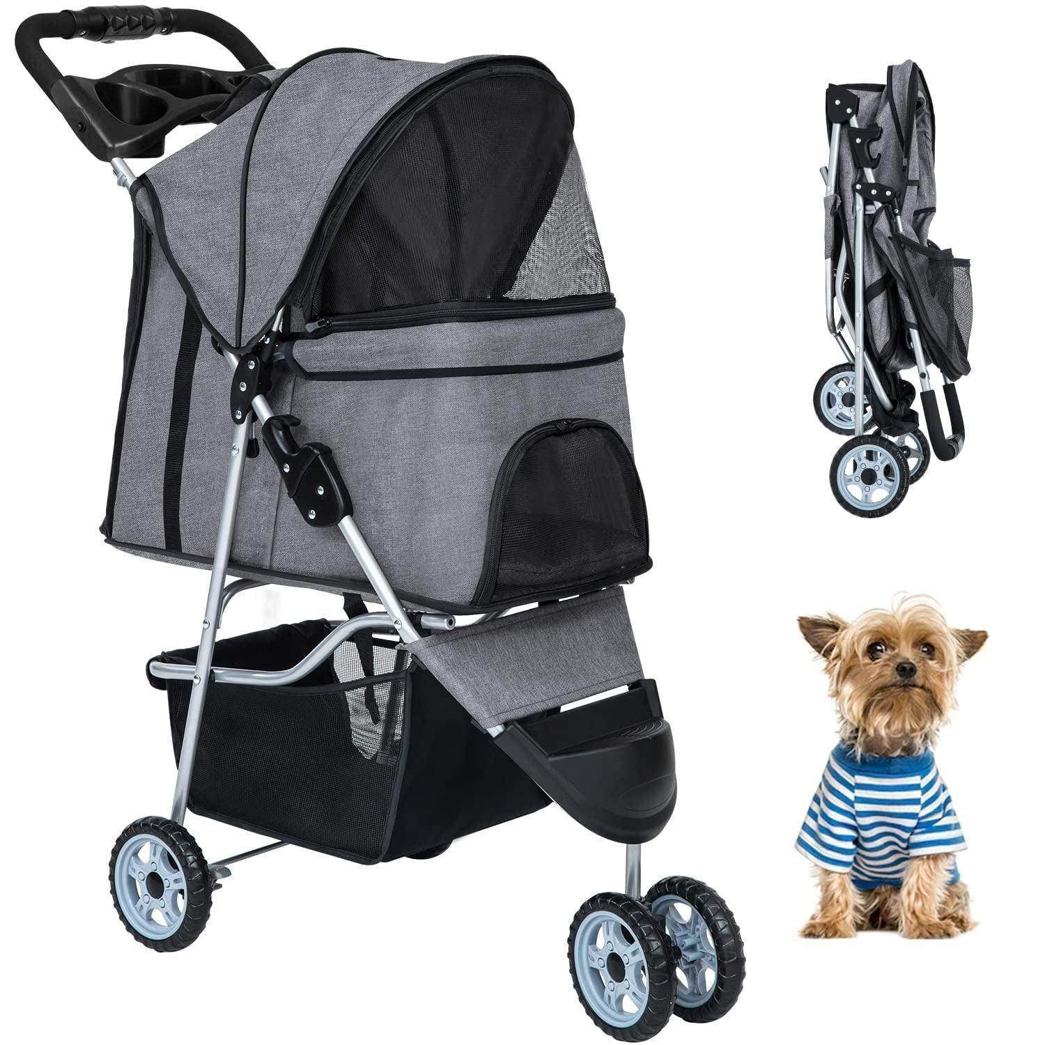 Pet Stroller Dog Cat Jogger Stroller for Medium Small Dogs Cats Folding Lightweight Travel Stroller with Cup Holder (Grey, 3 Wheels) - Simply Petastic