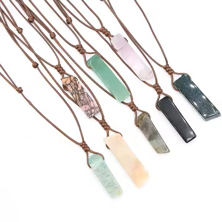 Knotted Waxed Rope Irregular Rectangle Natural Rock Stone Bar Pendant Necklace