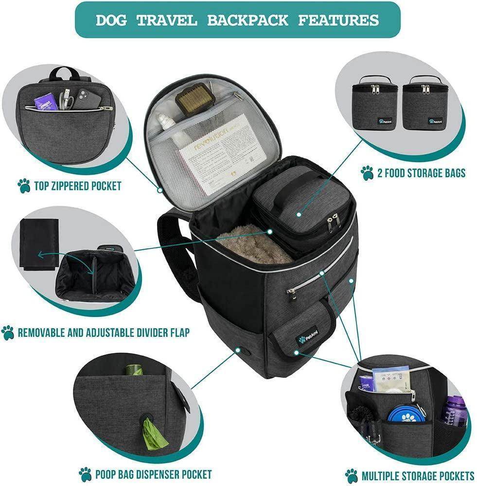 Dog Travel Bag Backpack, Airline Approved Dog Bags for Traveling, Puppy Diaper Bag Supplies, Pet Camping Essentials Hiking Accessories Dog Mom Gift, Food Container, Collapsible Bowls, Dark Gray - Simply Petastic