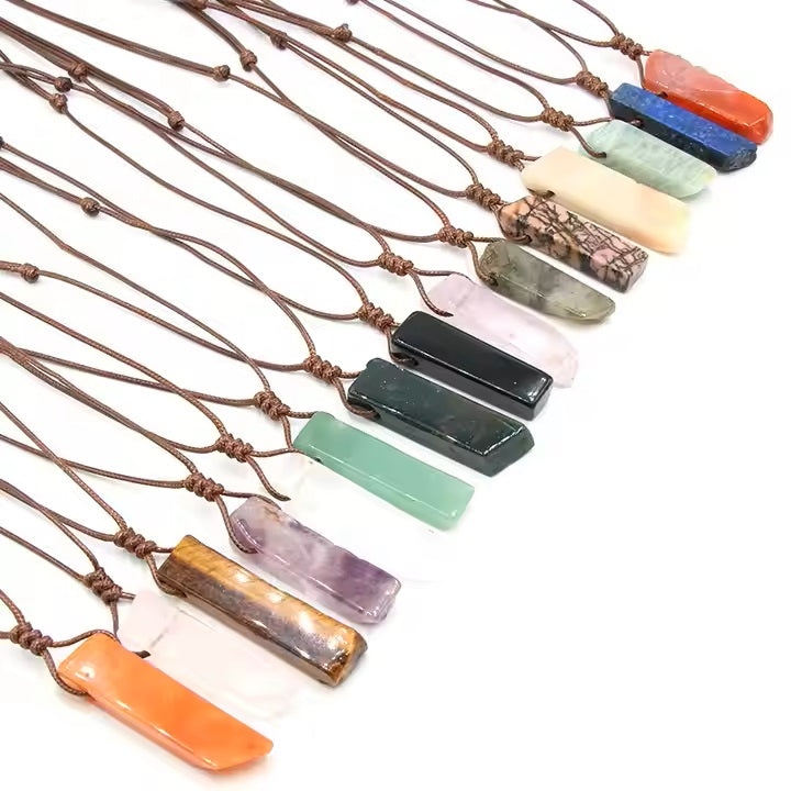 Knotted Waxed Rope Irregular Rectangle Natural Rock Stone Bar Pendant Necklace