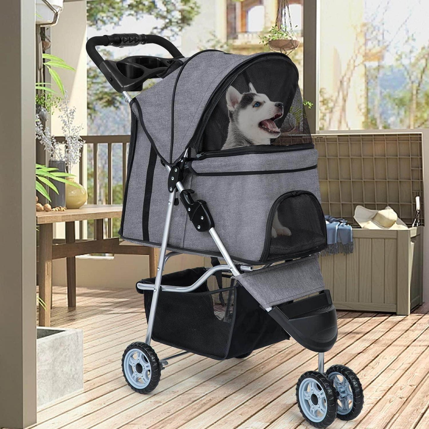 Pet Stroller Dog Cat Jogger Stroller for Medium Small Dogs Cats Folding Lightweight Travel Stroller with Cup Holder (Grey, 3 Wheels) - Simply Petastic