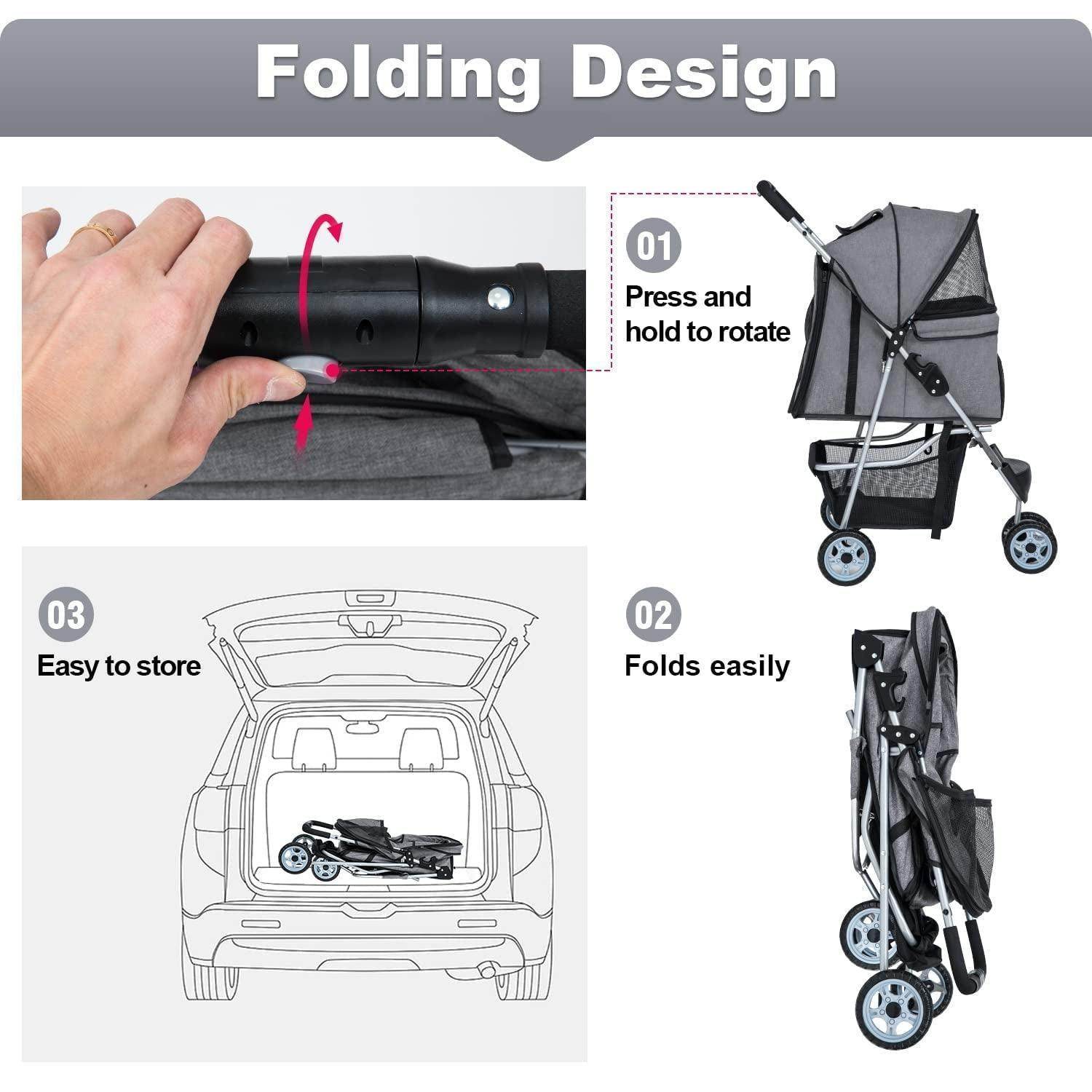Pet Stroller Dog Cat Jogger Stroller for Medium Small Dogs Cats Folding Lightweight Travel Stroller with Cup Holder (Grey, 3 Wheels) - Simply Petastic