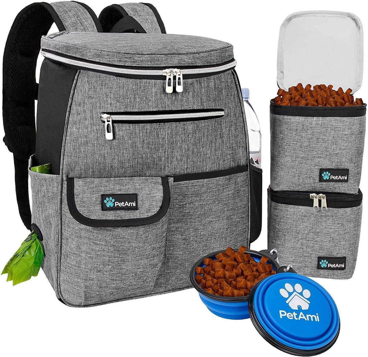 Dog Travel Bag Backpack, Airline Approved Dog Bags for Traveling, Puppy Diaper Bag Supplies, Pet Camping Essentials Hiking Accessories Dog Mom Gift, Food Container, Collapsible Bowls, Dark Gray - Simply Petastic