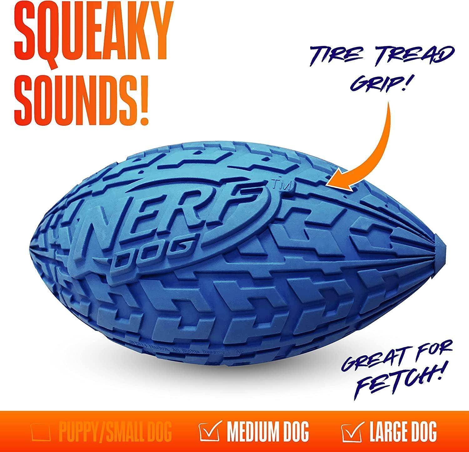 Nerf Tire Football Dog Toy with Interactive Squeaker, Lightweight, Durable and Water Resistant, 6 Inch Diameter for Medium/Large Breeds, Single Unit, Blue (1571) - Simply Petastic