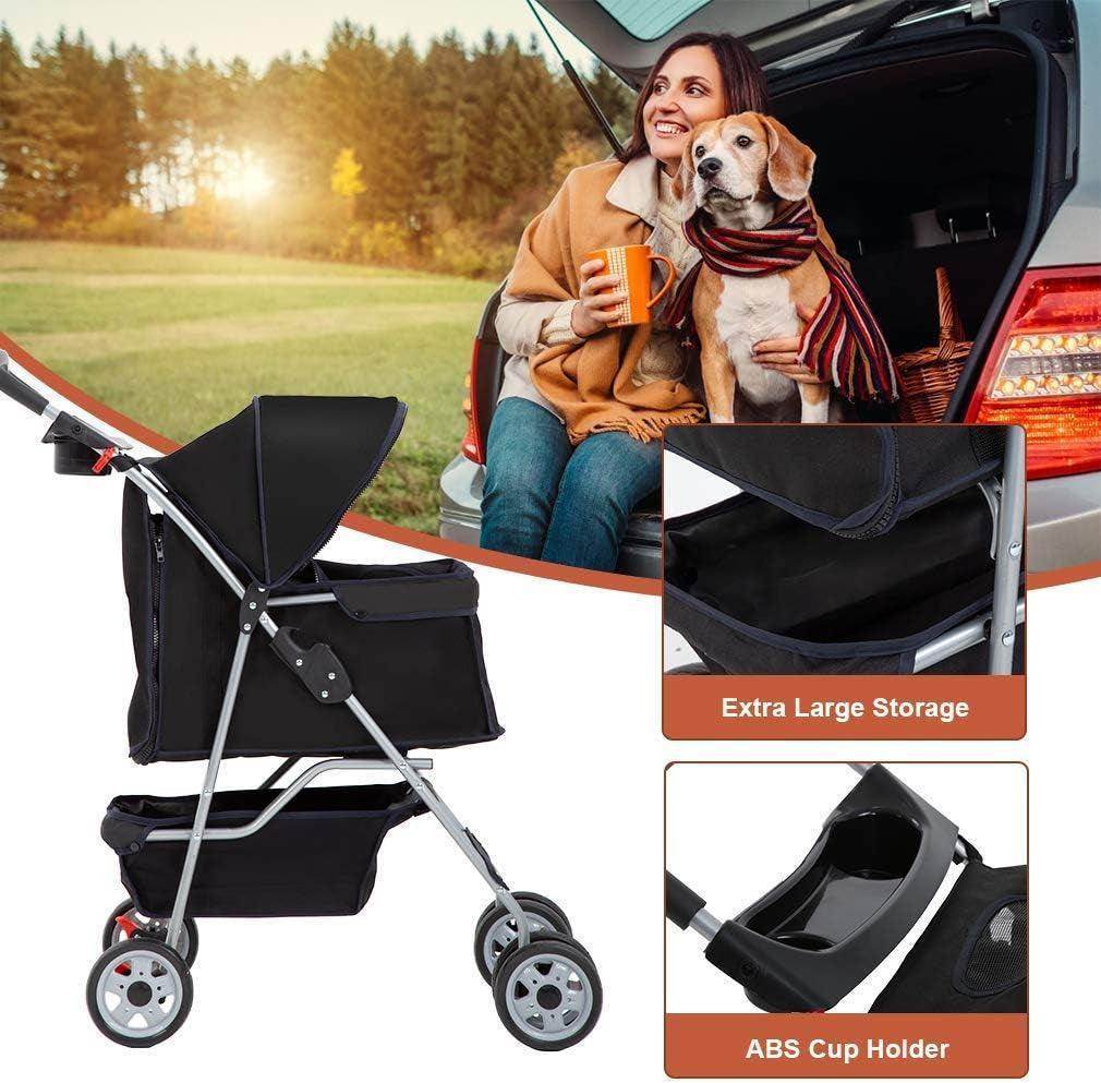 Pet Stroller Cat Dog Cage Stroller Travel Folding Carrier,Black - Simply Petastic
