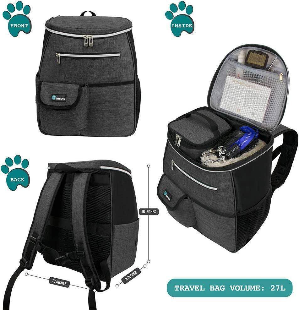 Dog Travel Bag Backpack, Airline Approved Dog Bags for Traveling, Puppy Diaper Bag Supplies, Pet Camping Essentials Hiking Accessories Dog Mom Gift, Food Container, Collapsible Bowls, Dark Gray - Simply Petastic