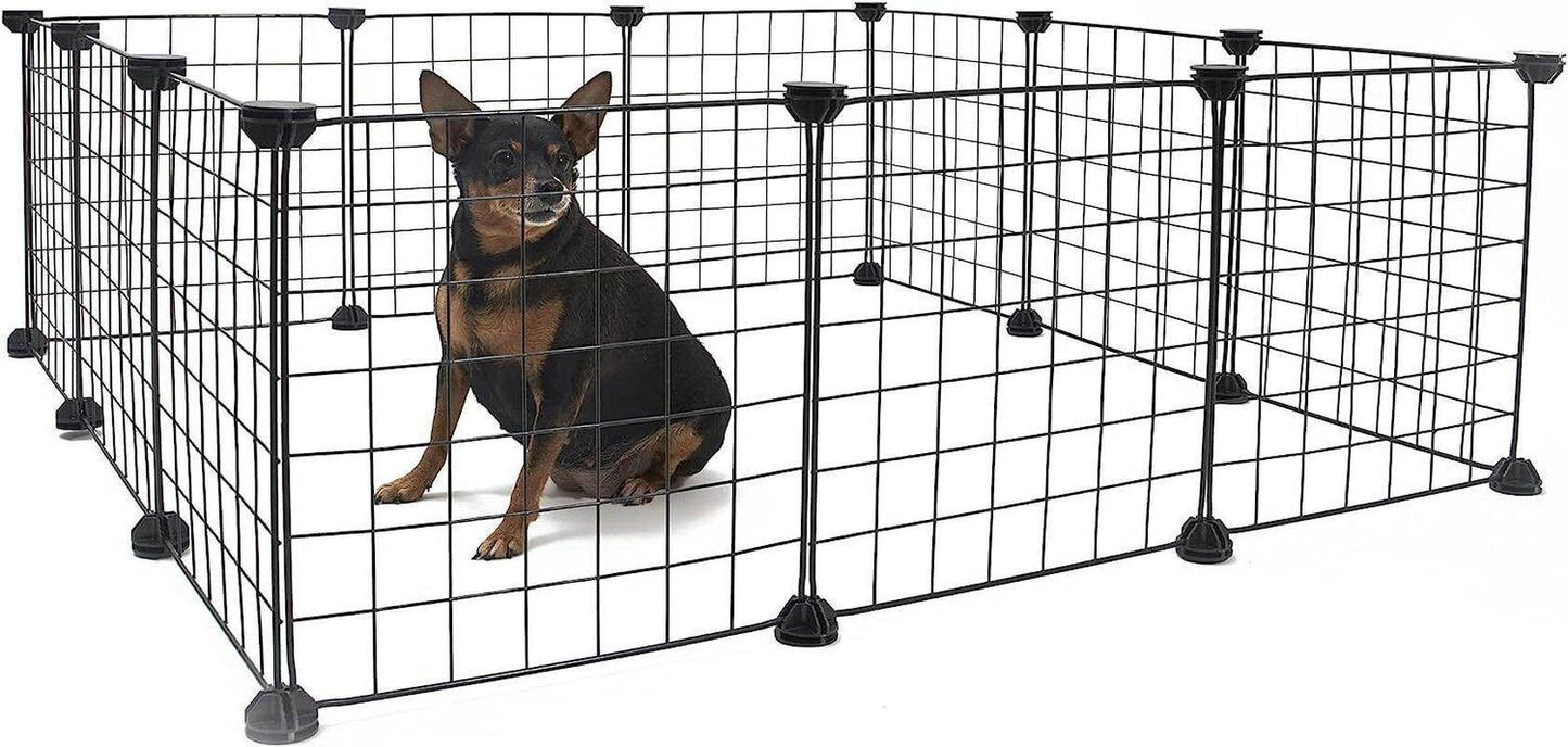 Pet Playpen, Small Animals Supplies, 12 Panels Exercise Playpens Cage, Grids Portable Yard Fence Indoor, Ideal for Guinea Pigs, Puppy Pet Products, DIY Metal Yard Fence, 14" × 14" Black - Simply Petastic