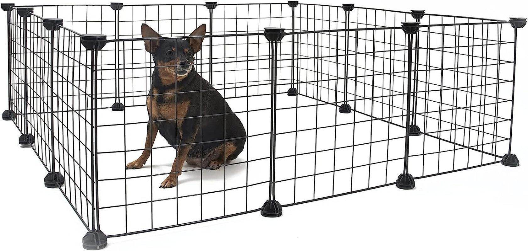 Pet Playpen, Small Animals Supplies, 12 Panels Exercise Playpens Cage, Grids Portable Yard Fence Indoor, Ideal for Guinea Pigs, Puppy Pet Products, DIY Metal Yard Fence, 14" × 14" Black - Simply Petastic