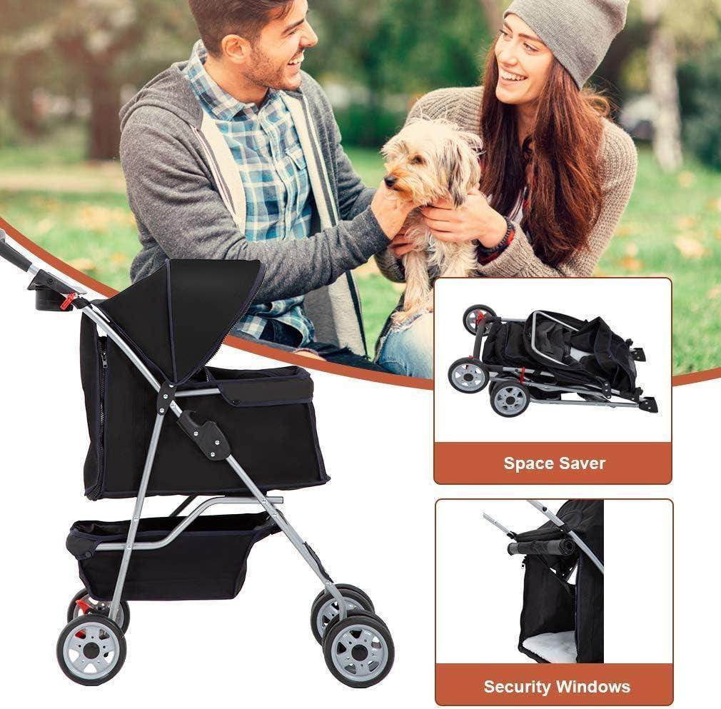 Pet Stroller Cat Dog Cage Stroller Travel Folding Carrier,Black - Simply Petastic