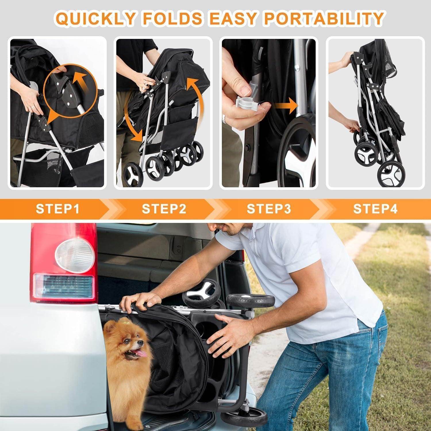 Pet Stroller 4 Wheels Dog Cat Stroller for Small Medium Dogs Cats Foldable Puppy Stroller with Storage Basket and Cup Holder - Simply Petastic