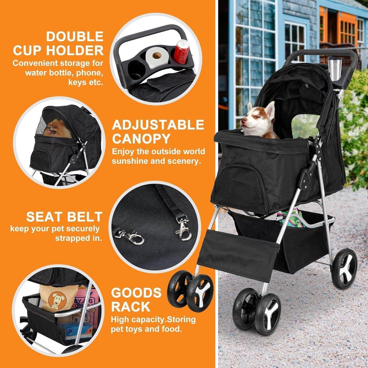 Pet Stroller 4 Wheels Dog Cat Stroller for Small Medium Dogs Cats Foldable Puppy Stroller with Storage Basket and Cup Holder - Simply Petastic