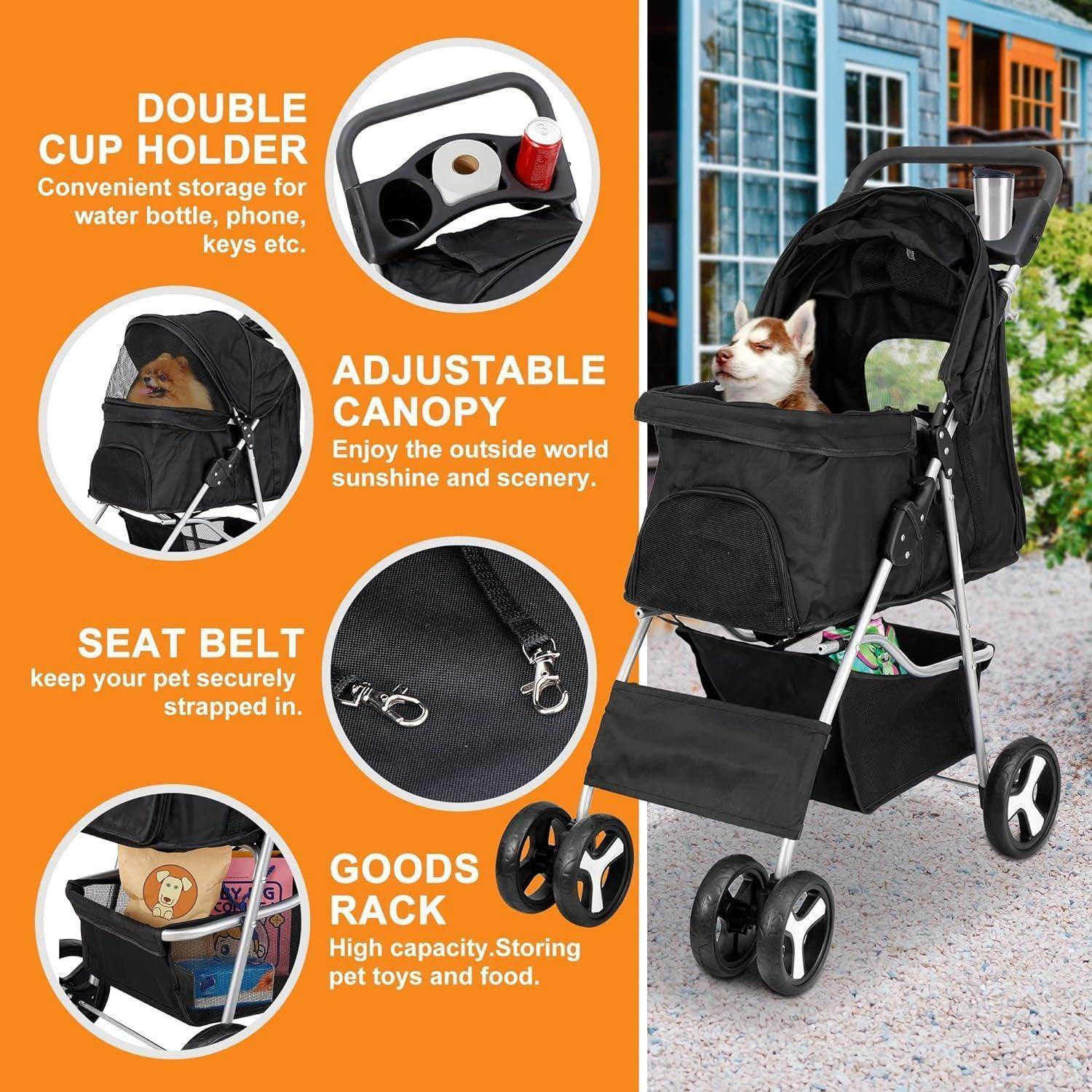 Pet Stroller 4 Wheels Dog Cat Stroller for Small Medium Dogs Cats Foldable Puppy Stroller with Storage Basket and Cup Holder - Simply Petastic