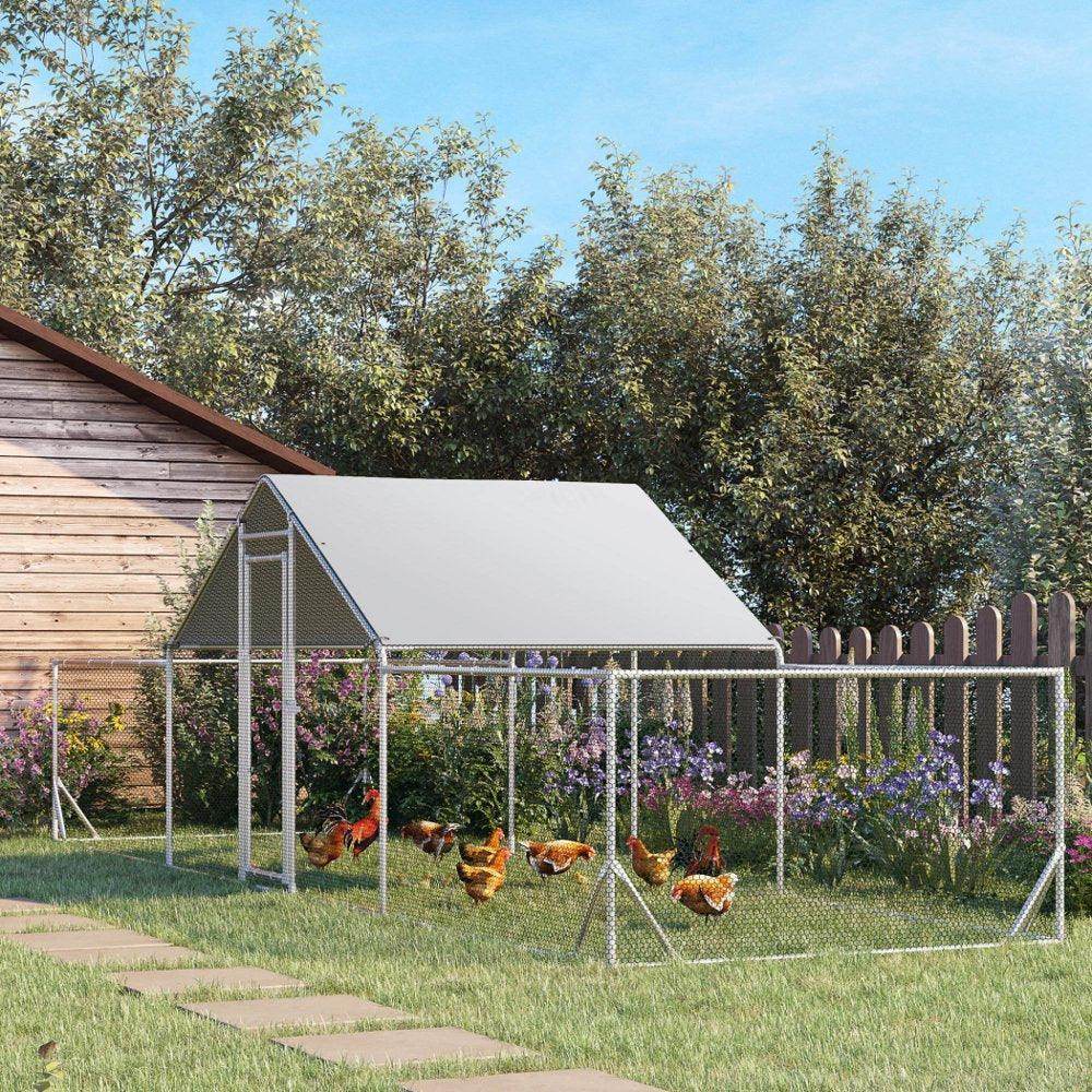 Large Metal Chicken Coop with Waterproof Shady Roof, Pet Playpen with Lockable Door for 12-14 Small Animals, Spire Shaped Walk in Fence - Simply Petastic