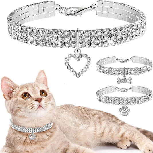 3 Pieces Bling Rhinestones Pet Collars Glitter Pendant Dog Collars Adjustable Crystal Cat Collar Elastic Pet Necklace for Small Pet Cat Dogs Puppy (White) - Simply Petastic