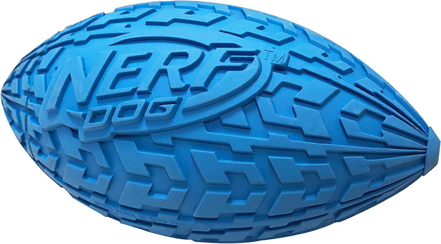 Nerf Tire Football Dog Toy with Interactive Squeaker, Lightweight, Durable and Water Resistant, 6 Inch Diameter for Medium/Large Breeds, Single Unit, Blue (1571) - Simply Petastic