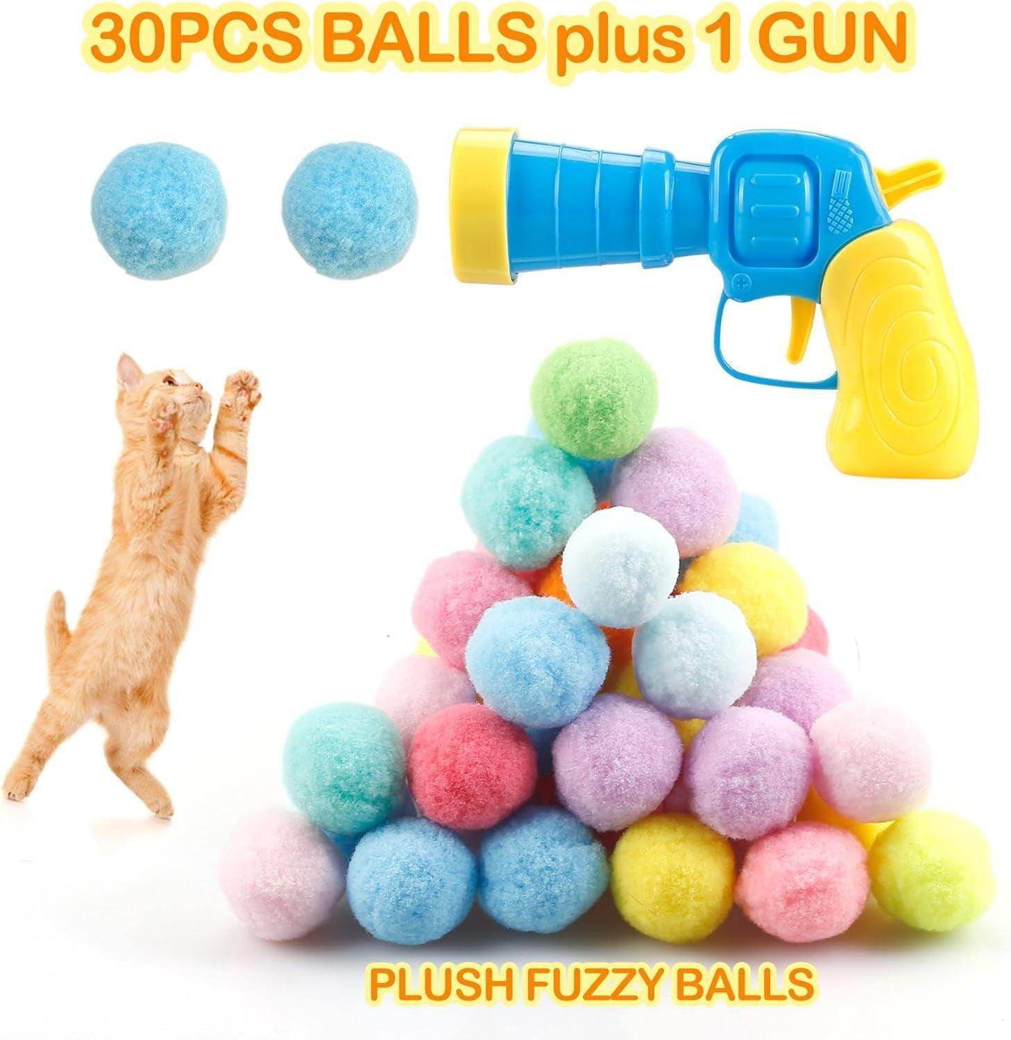 31Pcs Cat Ball Toy Launcher Gun, Cat Balls Fetch Toy, 30Pcs Plush Fuzzy Balls Launcher Cat Toy for Cats with 1 Gun, Funny Interactive Cat Toys for Bored Indoor Adult Cats, Cute Kitten Kitty Toys - Simply Petastic