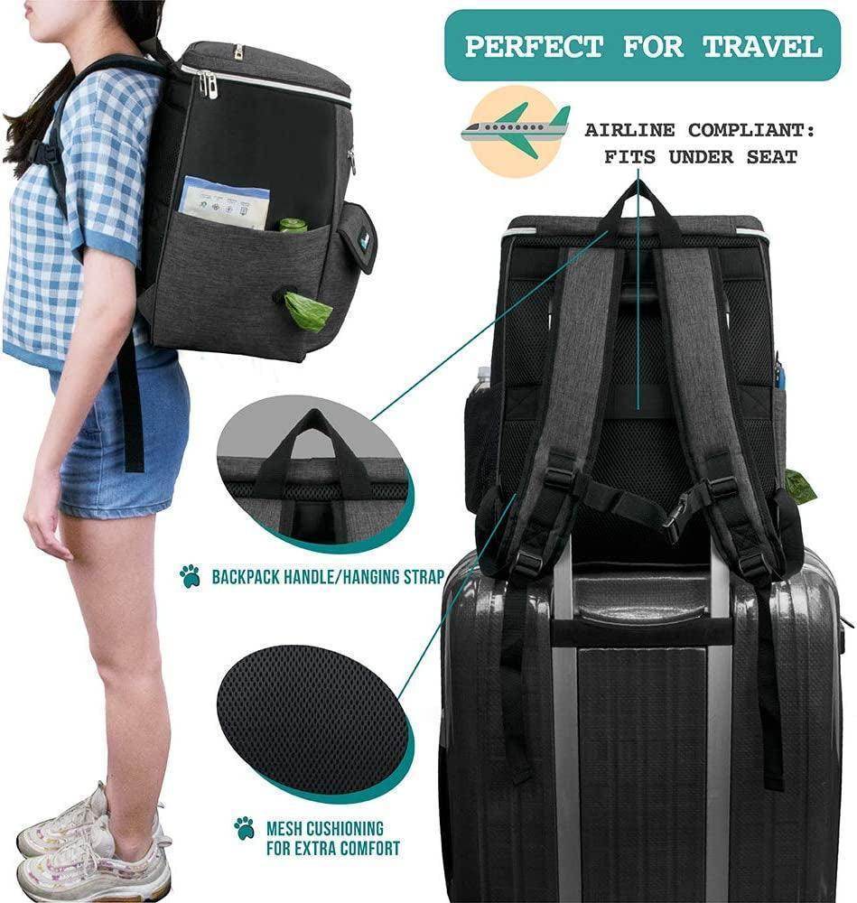 Dog Travel Bag Backpack, Airline Approved Dog Bags for Traveling, Puppy Diaper Bag Supplies, Pet Camping Essentials Hiking Accessories Dog Mom Gift, Food Container, Collapsible Bowls, Dark Gray - Simply Petastic