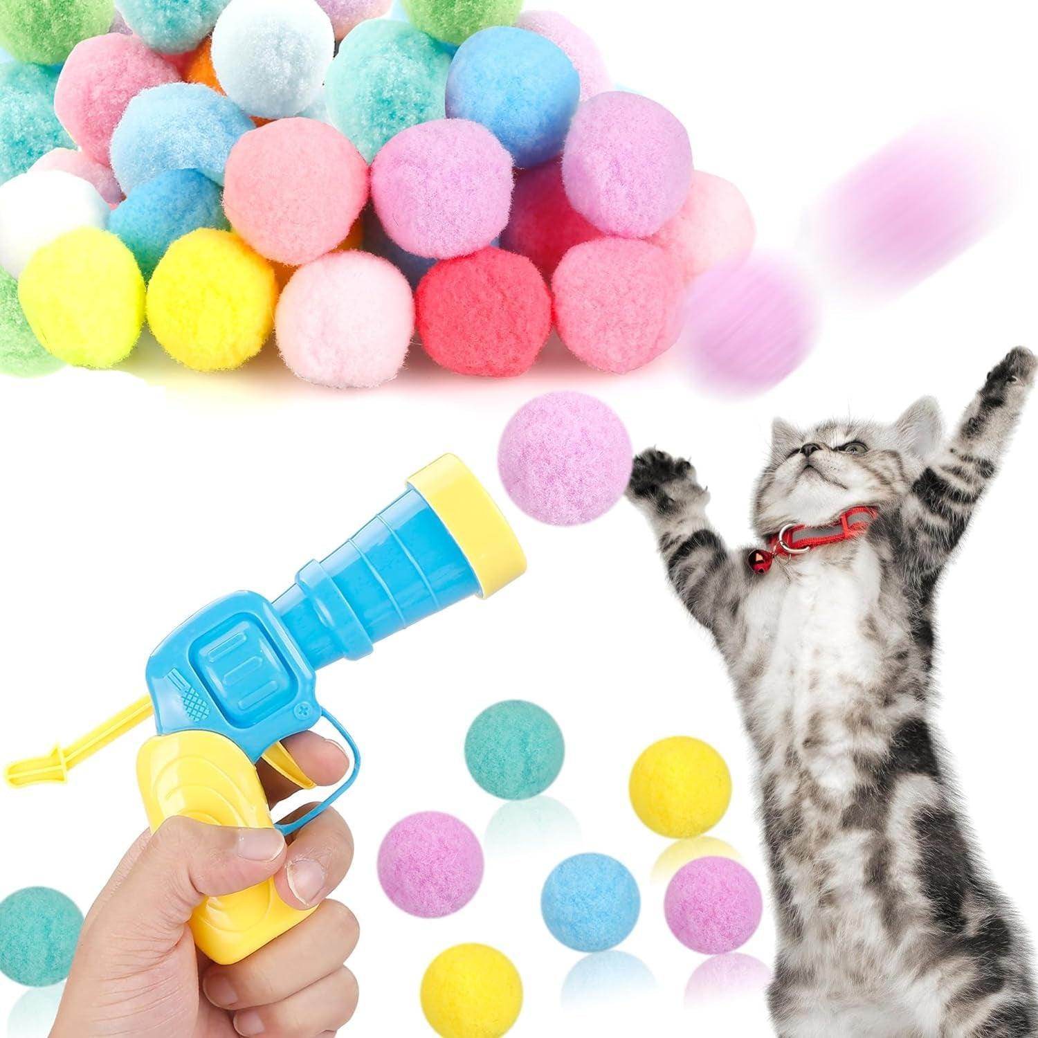 31Pcs Cat Ball Toy Launcher Gun, Cat Balls Fetch Toy, 30Pcs Plush Fuzzy Balls Launcher Cat Toy for Cats with 1 Gun, Funny Interactive Cat Toys for Bored Indoor Adult Cats, Cute Kitten Kitty Toys - Simply Petastic