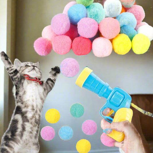31Pcs Cat Ball Toy Launcher Gun, Cat Balls Fetch Toy, 30Pcs Plush Fuzzy Balls Launcher Cat Toy for Cats with 1 Gun, Funny Interactive Cat Toys for Bored Indoor Adult Cats, Cute Kitten Kitty Toys - Simply Petastic