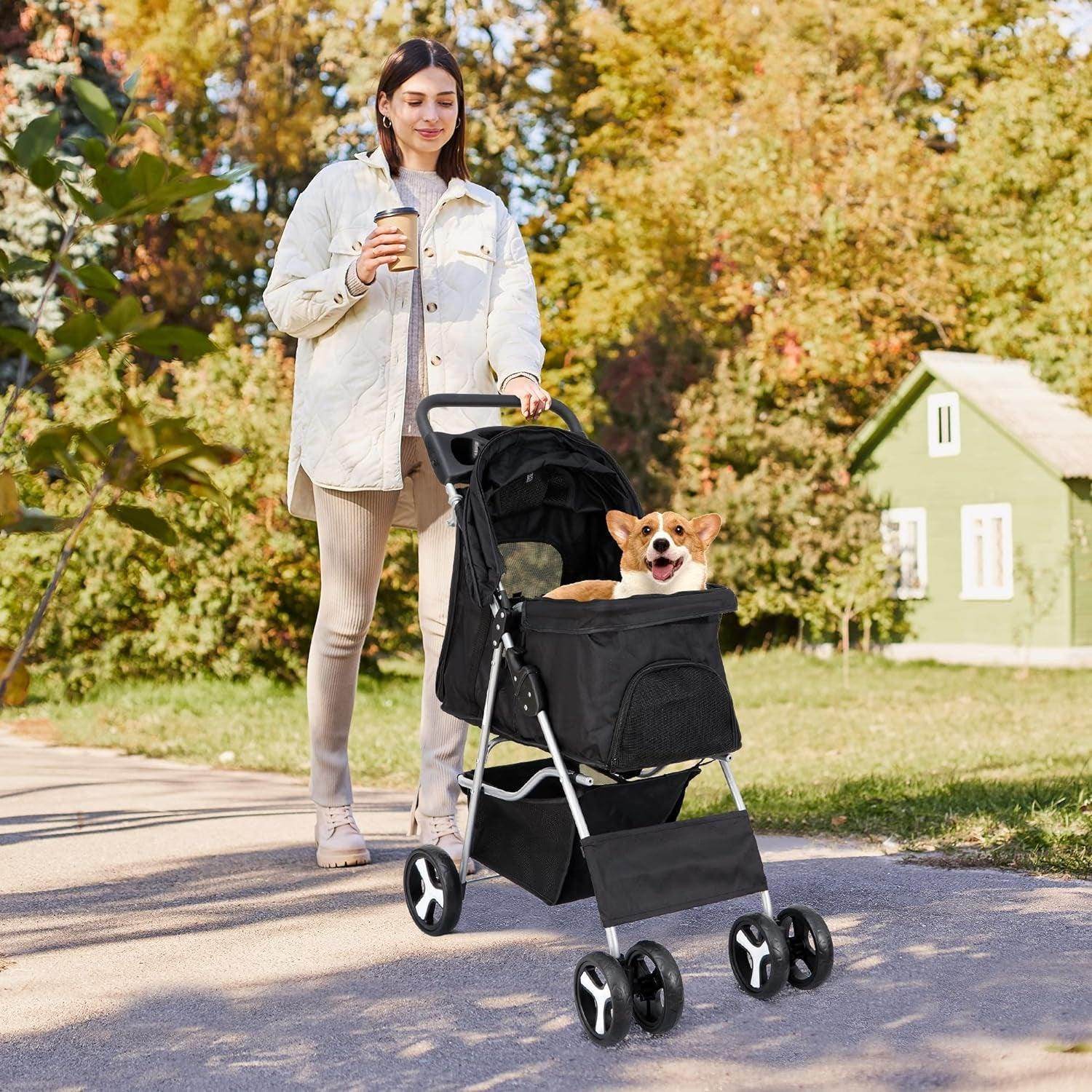 Pet Stroller 4 Wheels Dog Cat Stroller for Small Medium Dogs Cats Foldable Puppy Stroller with Storage Basket and Cup Holder - Simply Petastic