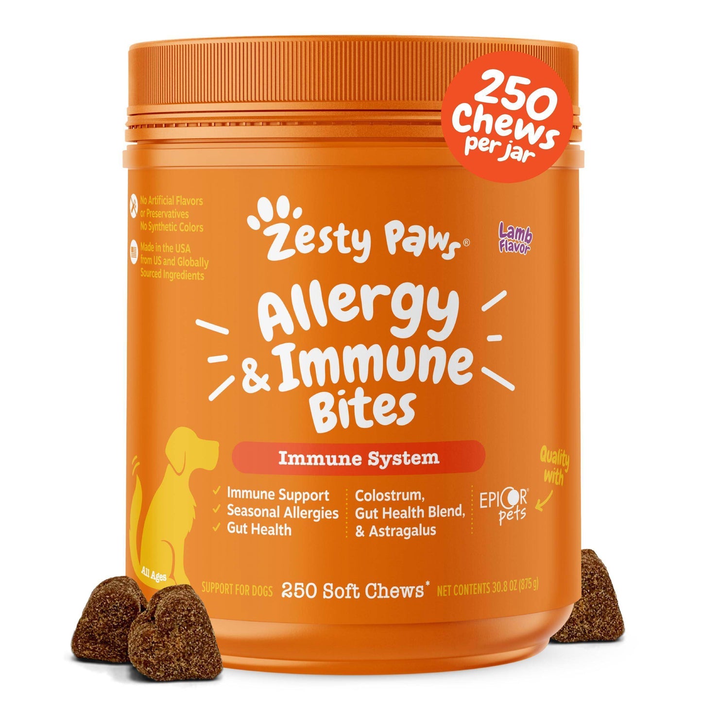 Zesty Paws Dog Allergy Relief - Anti Itch Supplement - Omega 3 Probiotics for Dogs - Digestive Health - Soft Chews for Skin & Seasonal Allergies - with Epicor Pets - Lamb - 90 Count - Simply Petastic