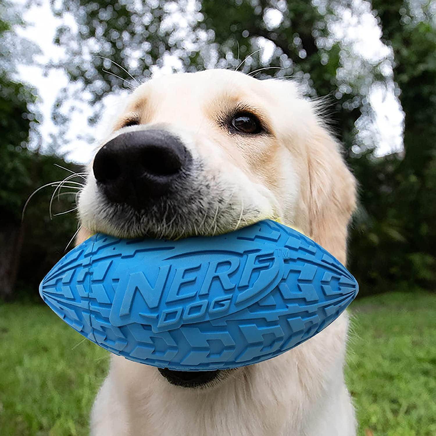 Nerf Tire Football Dog Toy with Interactive Squeaker, Lightweight, Durable and Water Resistant, 6 Inch Diameter for Medium/Large Breeds, Single Unit, Blue (1571) - Simply Petastic