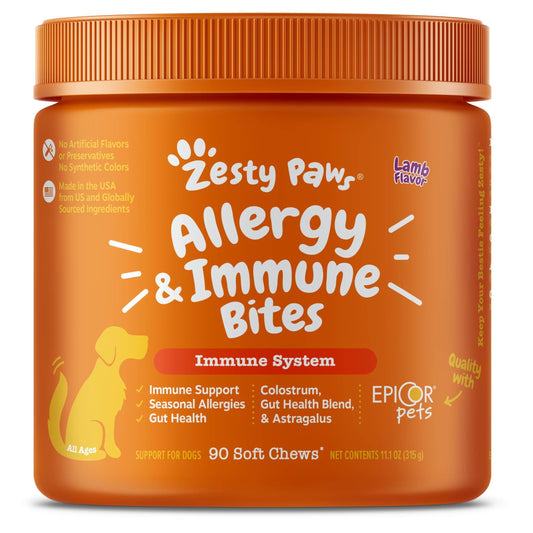 Zesty Paws Dog Allergy Relief - Anti Itch Supplement - Omega 3 Probiotics for Dogs - Digestive Health - Soft Chews for Skin & Seasonal Allergies - with Epicor Pets - Lamb - 90 Count - Simply Petastic