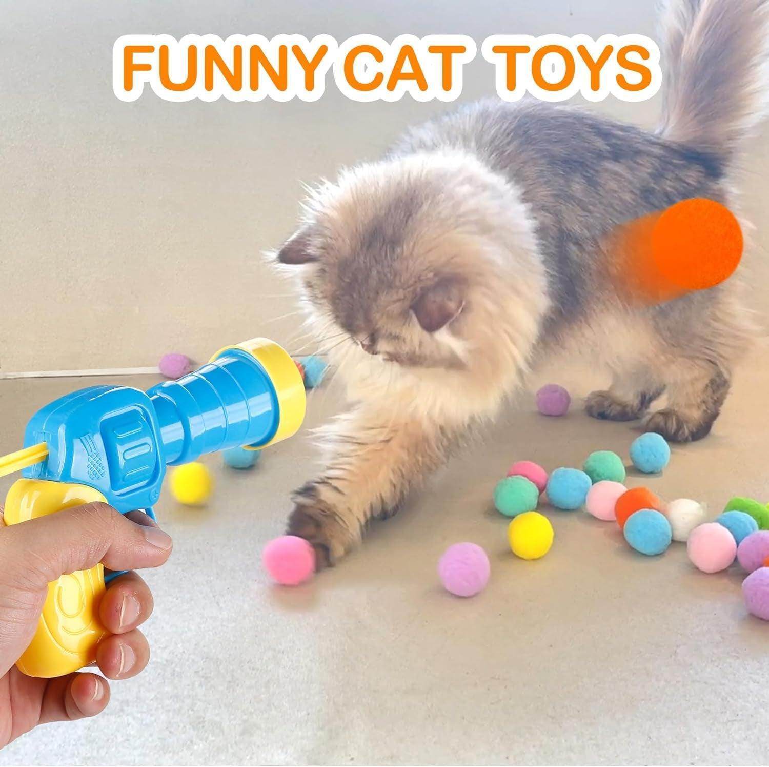 31Pcs Cat Ball Toy Launcher Gun, Cat Balls Fetch Toy, 30Pcs Plush Fuzzy Balls Launcher Cat Toy for Cats with 1 Gun, Funny Interactive Cat Toys for Bored Indoor Adult Cats, Cute Kitten Kitty Toys - Simply Petastic