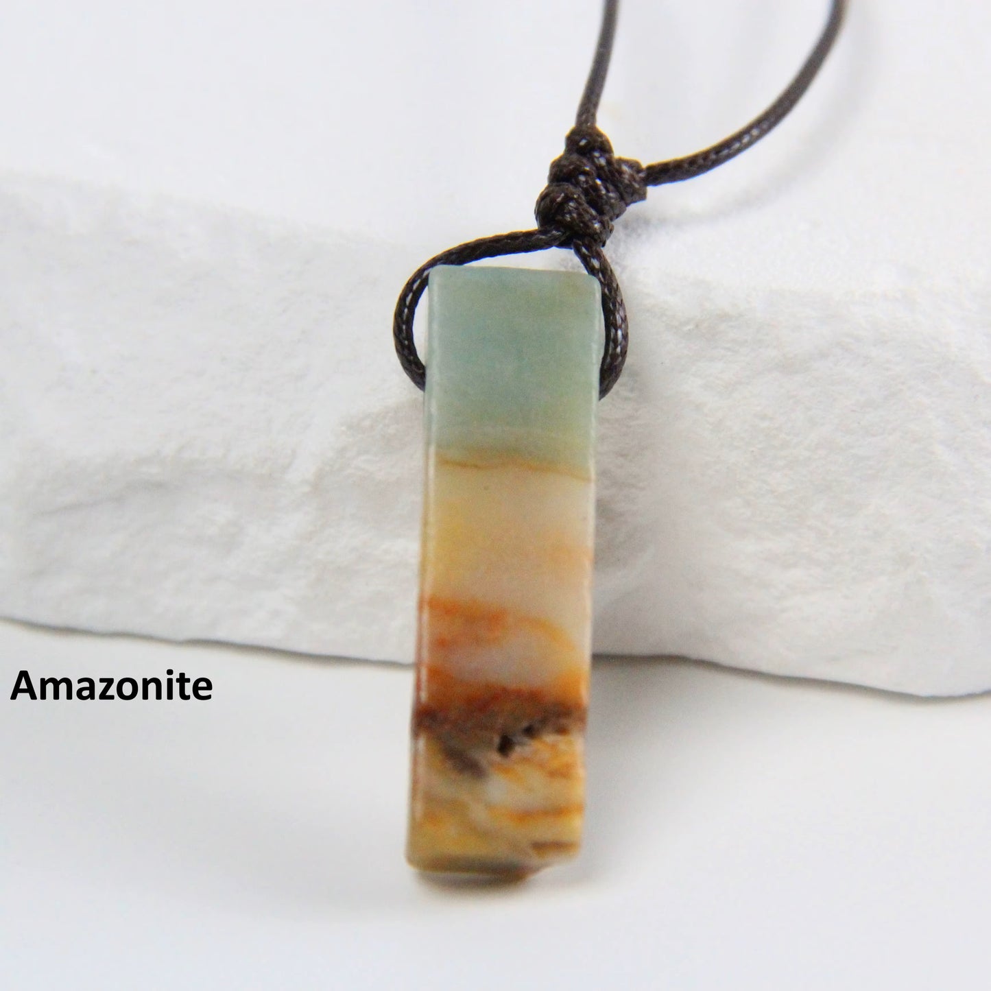 Knotted Waxed Rope Irregular Rectangle Natural Rock Stone Bar Pendant Necklace