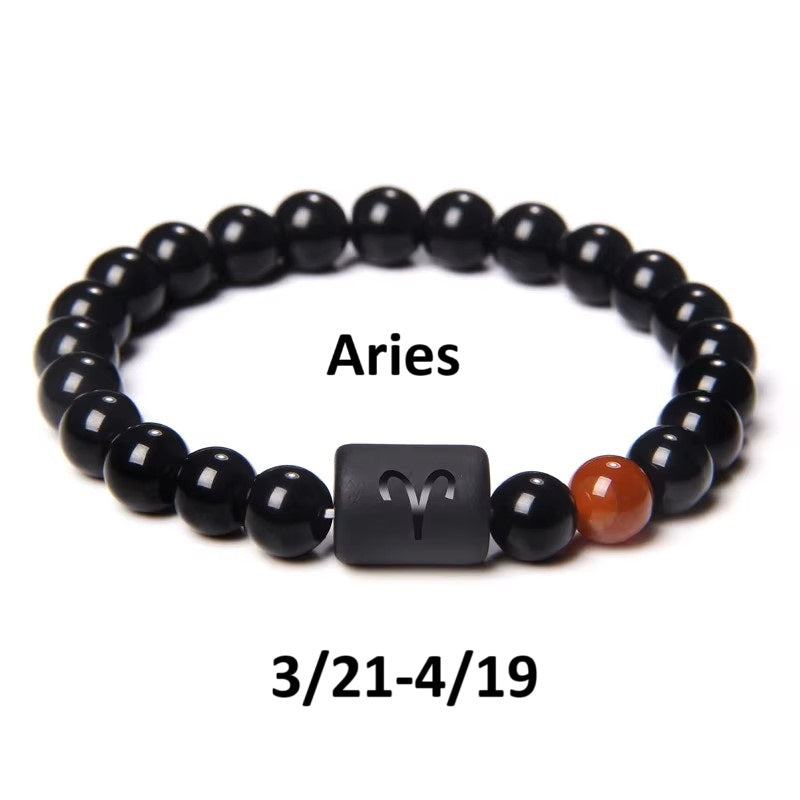 Unisex 12 Constellation Signs Black Stone Beads Elastic Bracelet