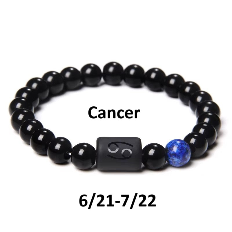 Unisex 12 Constellation Signs Black Stone Beads Elastic Bracelet