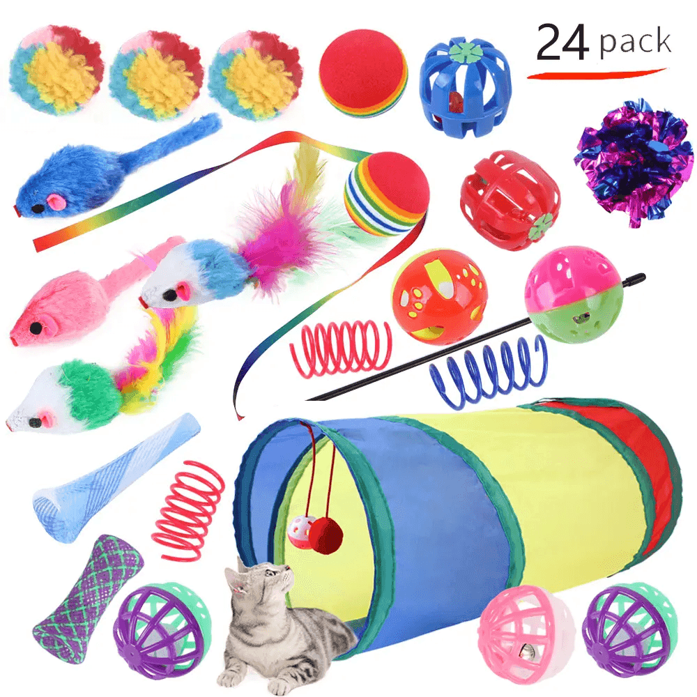 Multi Variety Mouse Spring Ball Cat Toys 24 Pack With Tunnel - Simply Petastic