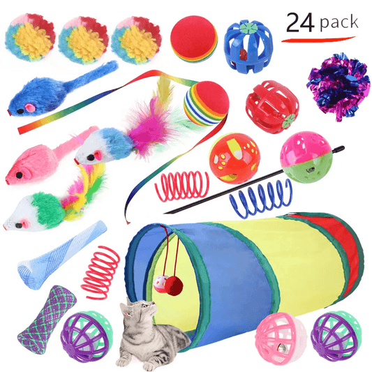 Multi Variety Mouse Spring Ball Cat Toys 24 Pack With Tunnel - Simply Petastic