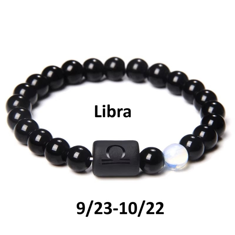Unisex 12 Constellation Signs Black Stone Beads Elastic Bracelet