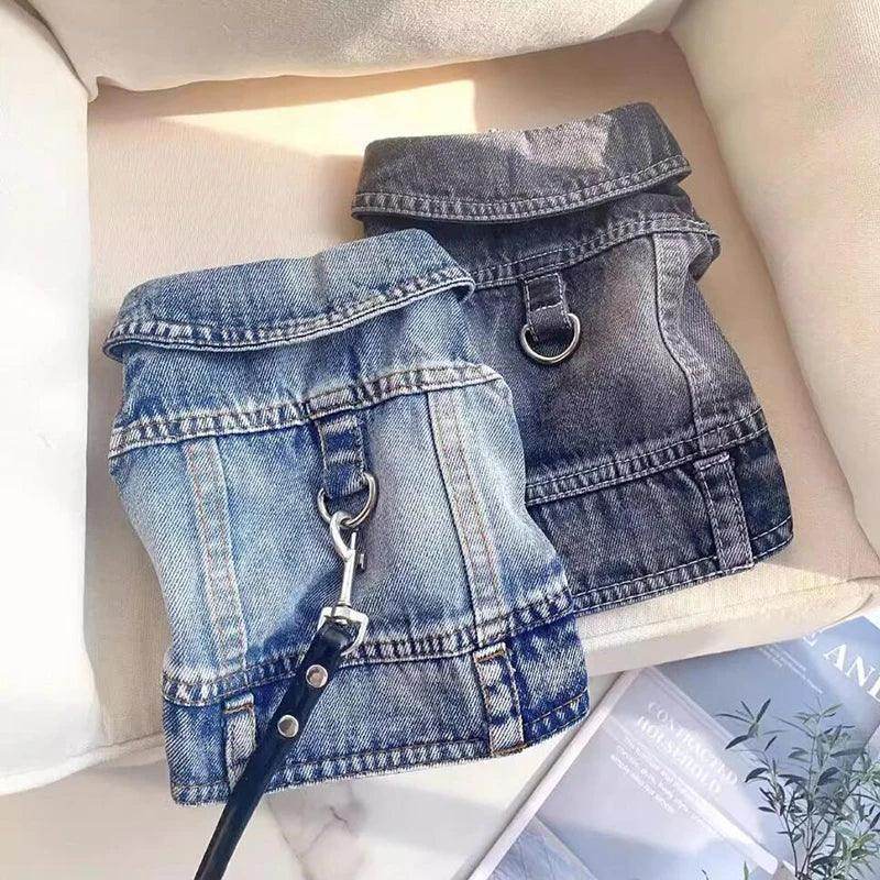 Denim Dog Jacket/harness with D Ring Leash for Small Medium dogs - Simply Petastic