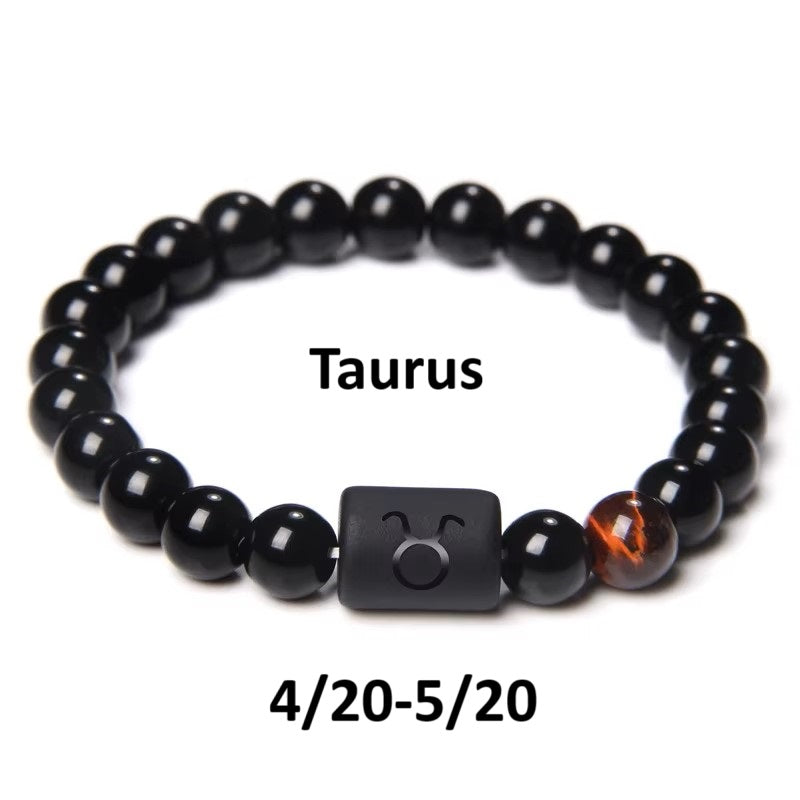 Unisex 12 Constellation Signs Black Stone Beads Elastic Bracelet