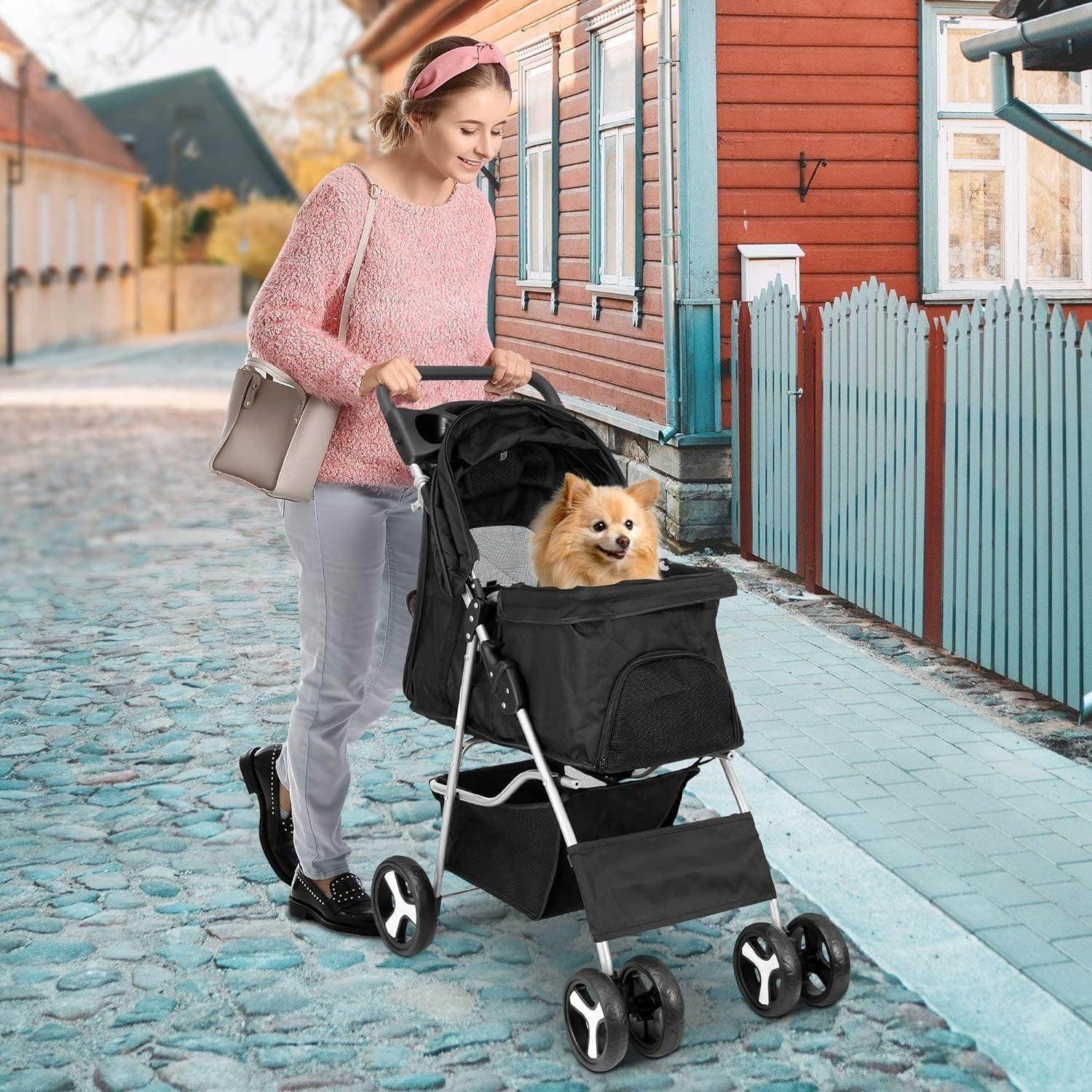 Pet Stroller 4 Wheels Dog Cat Stroller for Small Medium Dogs Cats Foldable Puppy Stroller with Storage Basket and Cup Holder - Simply Petastic