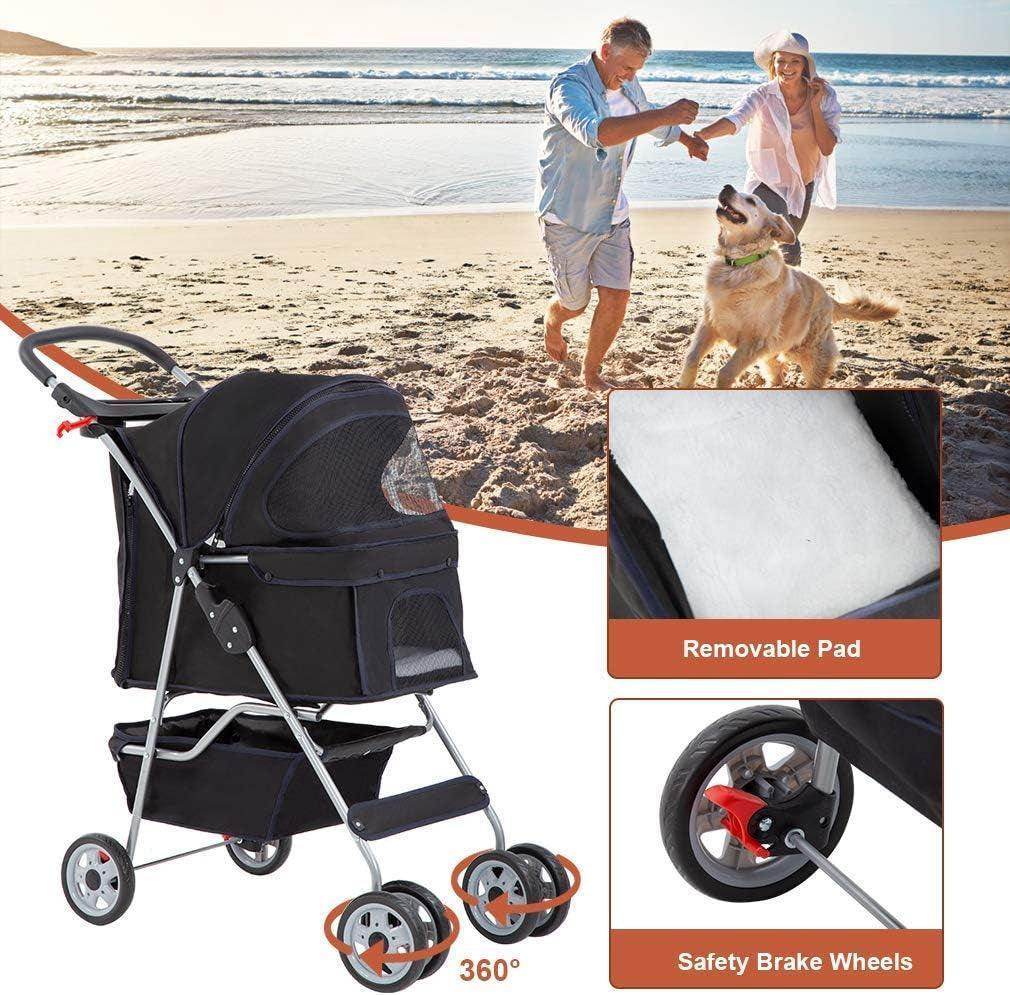 Pet Stroller Cat Dog Cage Stroller Travel Folding Carrier,Black - Simply Petastic