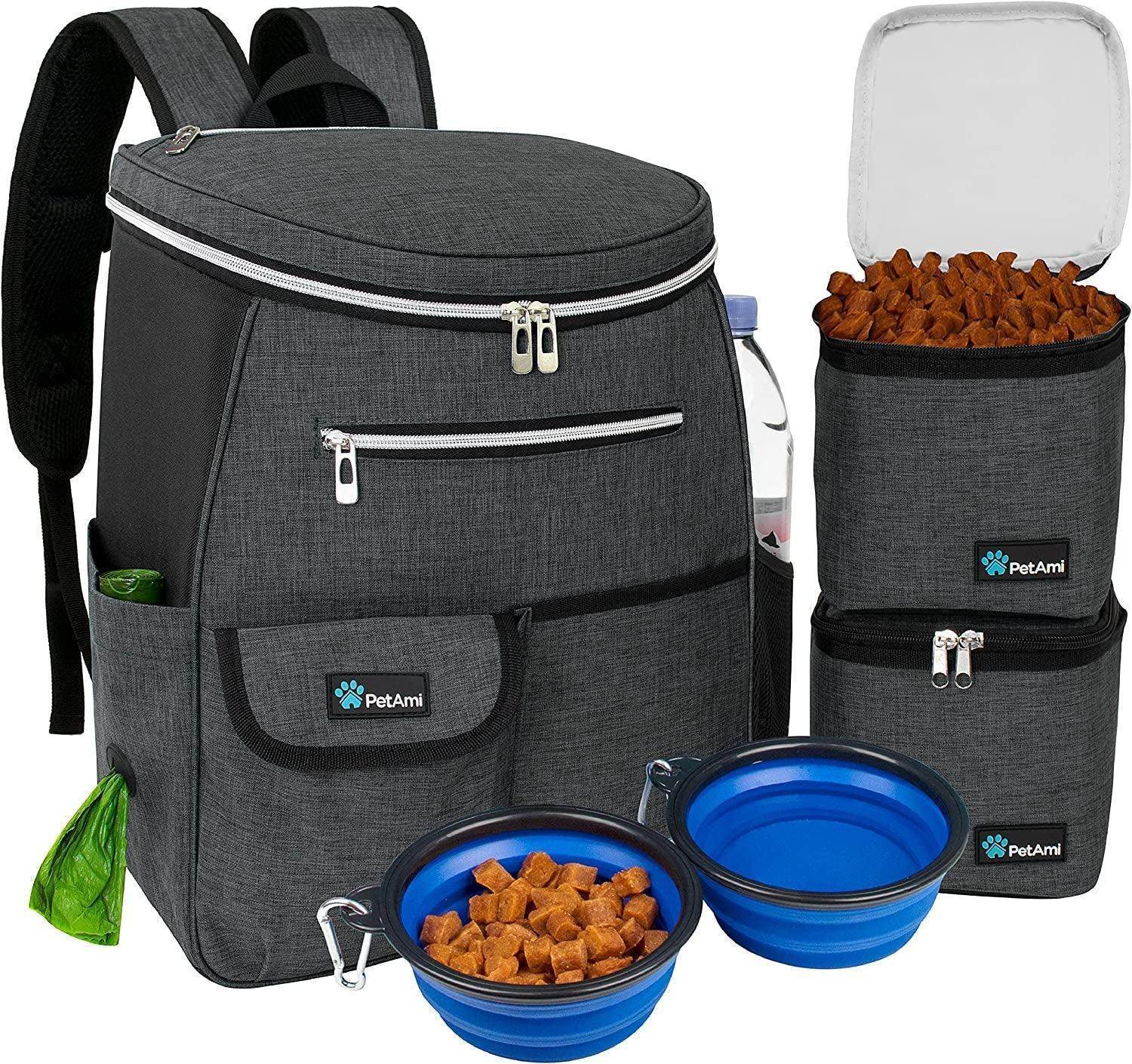 Dog Travel Bag Backpack, Airline Approved Dog Bags for Traveling, Puppy Diaper Bag Supplies, Pet Camping Essentials Hiking Accessories Dog Mom Gift, Food Container, Collapsible Bowls, Dark Gray - Simply Petastic