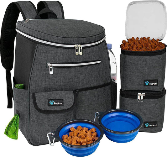 Dog Travel Bag Backpack, Airline Approved Dog Bags for Traveling, Puppy Diaper Bag Supplies, Pet Camping Essentials Hiking Accessories Dog Mom Gift, Food Container, Collapsible Bowls, Dark Gray - Simply Petastic