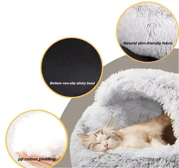 Cat Round Plush Fluffy Hooded Cozy Small Dog Waterproof Bottom Treaded Anti-anxiety Hugging Beds - Simply Petastic