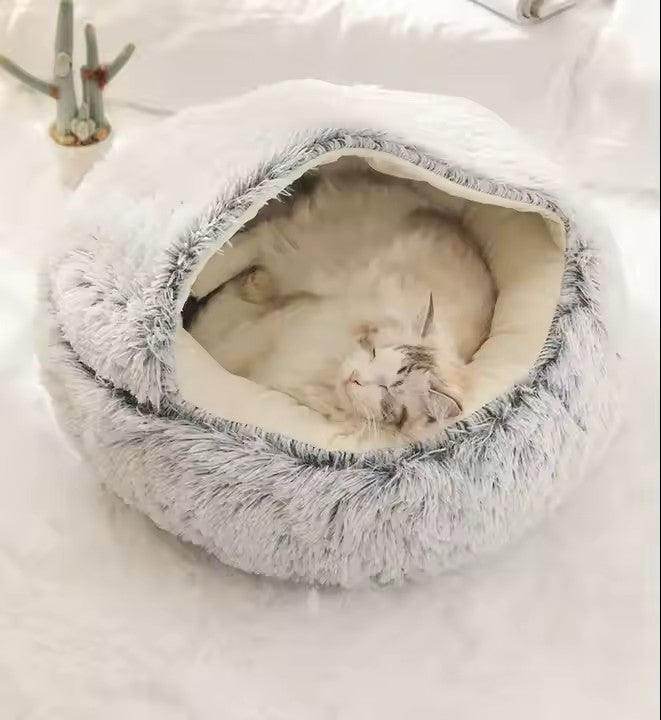 Cat Round Plush Fluffy Hooded Cozy Small Dog Waterproof Bottom Treaded Anti-anxiety Hugging Beds - Simply Petastic