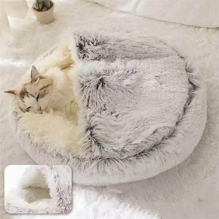 Cat Round Plush Fluffy Hooded Cozy Small Dog Waterproof Bottom Treaded Anti-anxiety Hugging Beds - Simply Petastic