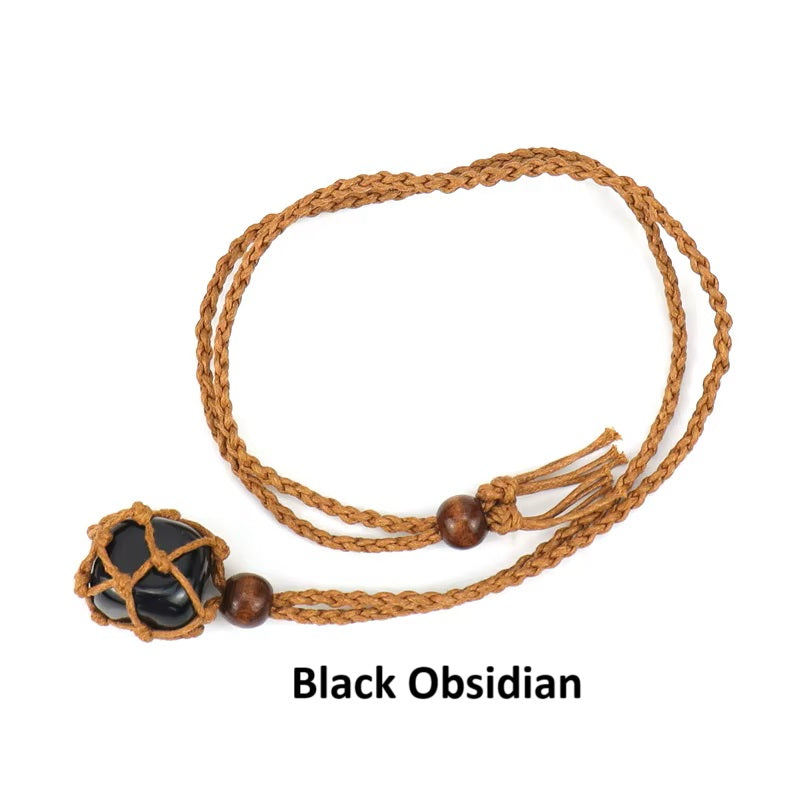 Hand Woven Necklace with Adjustable Rope and Healing Stone