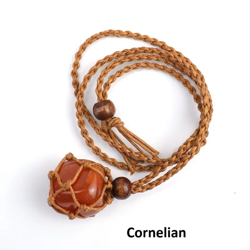 Hand Woven Necklace with Adjustable Rope and Healing Stone