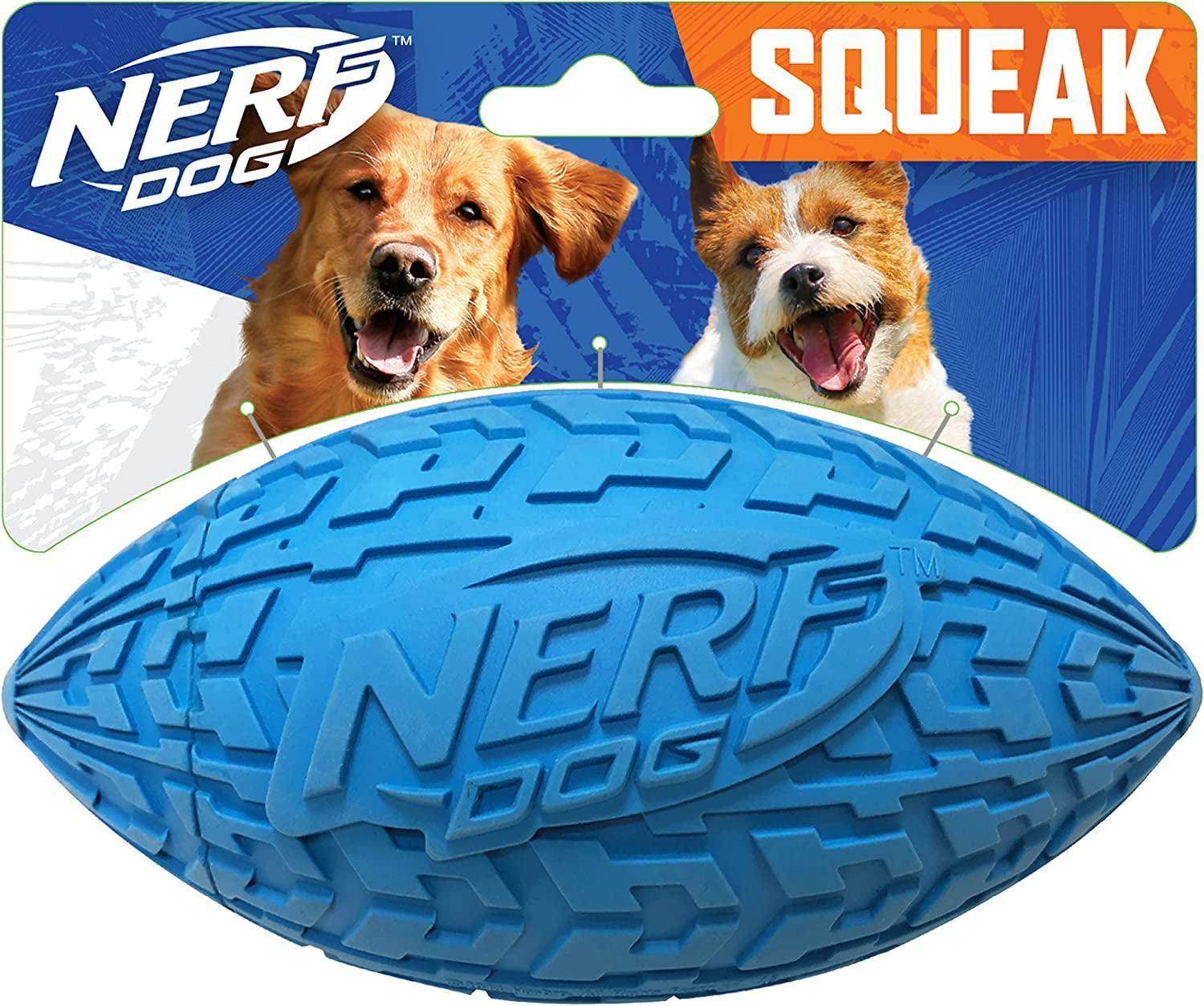 Nerf Tire Football Dog Toy with Interactive Squeaker, Lightweight, Durable and Water Resistant, 6 Inch Diameter for Medium/Large Breeds, Single Unit, Blue (1571) - Simply Petastic