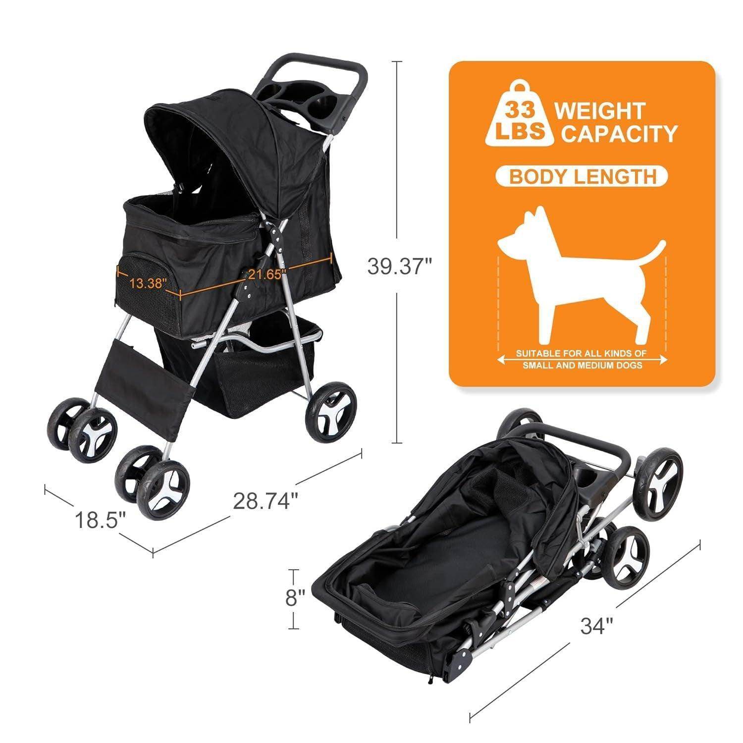 Pet Stroller 4 Wheels Dog Cat Stroller for Small Medium Dogs Cats Foldable Puppy Stroller with Storage Basket and Cup Holder - Simply Petastic